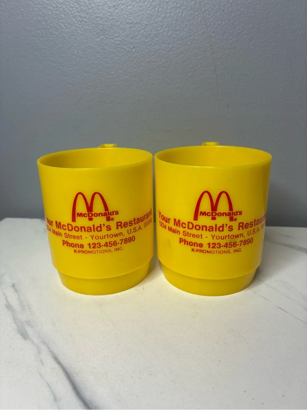 McDonald’s vintage K-Promotions Yellow Plastic Advertising Mugs Set of 2